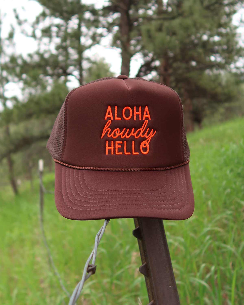 Aloha Howdy Hello Brown Trucker Hat - Main Image