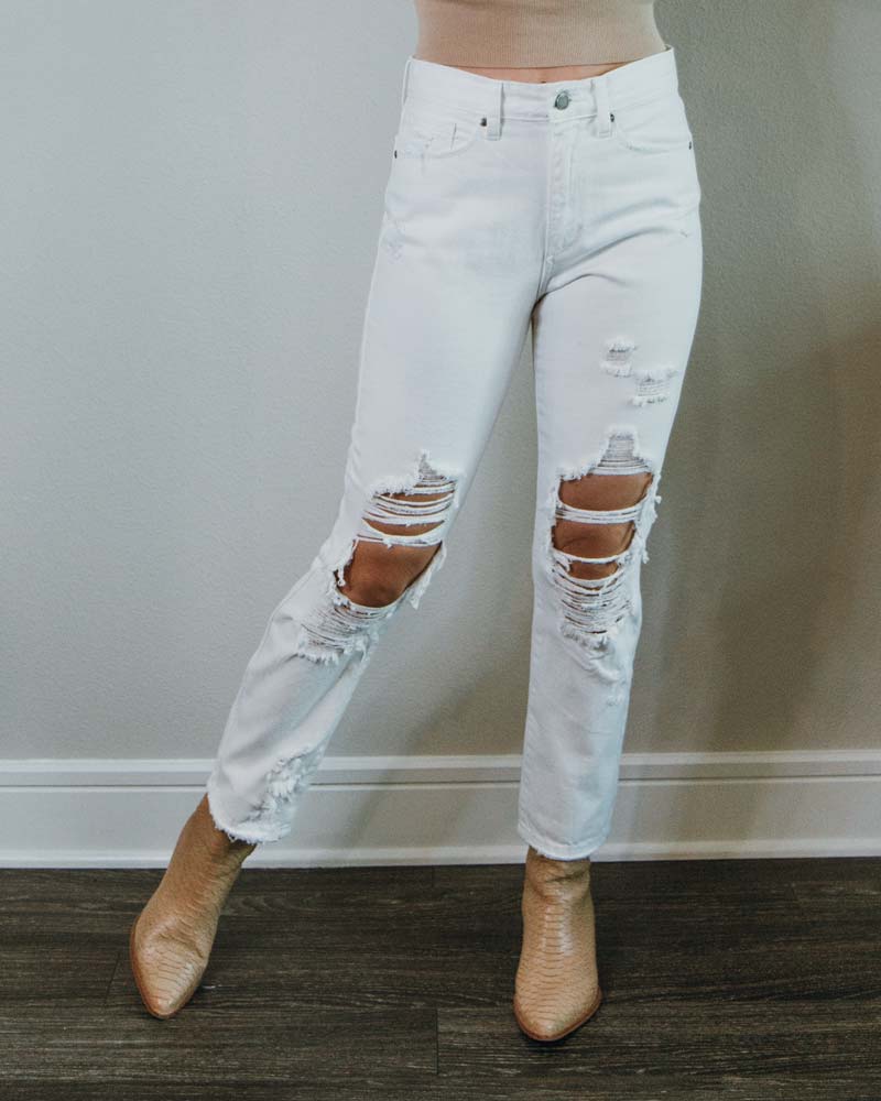 White Distressed Straight Jeans
