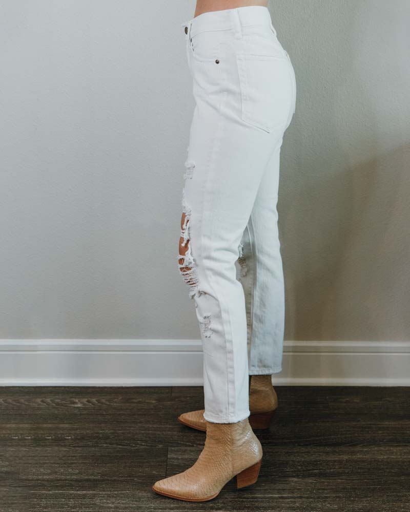 White Distressed Straight Jeans